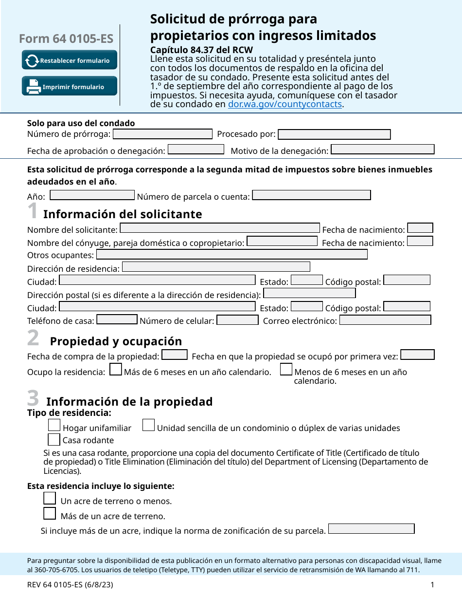 Formulario REV64 0105-ES Solicitud De Prorroga Para Propietarios Con Ingresos Limitados - Washington (Spanish), Page 1