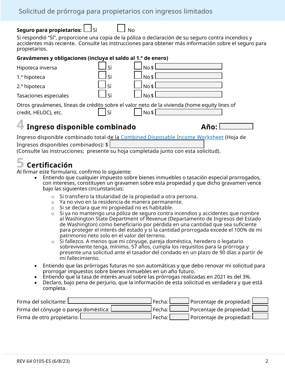 Formulario REV64 0105-ES Solicitud De Prorroga Para Propietarios Con Ingresos Limitados - Washington (Spanish), Page 2