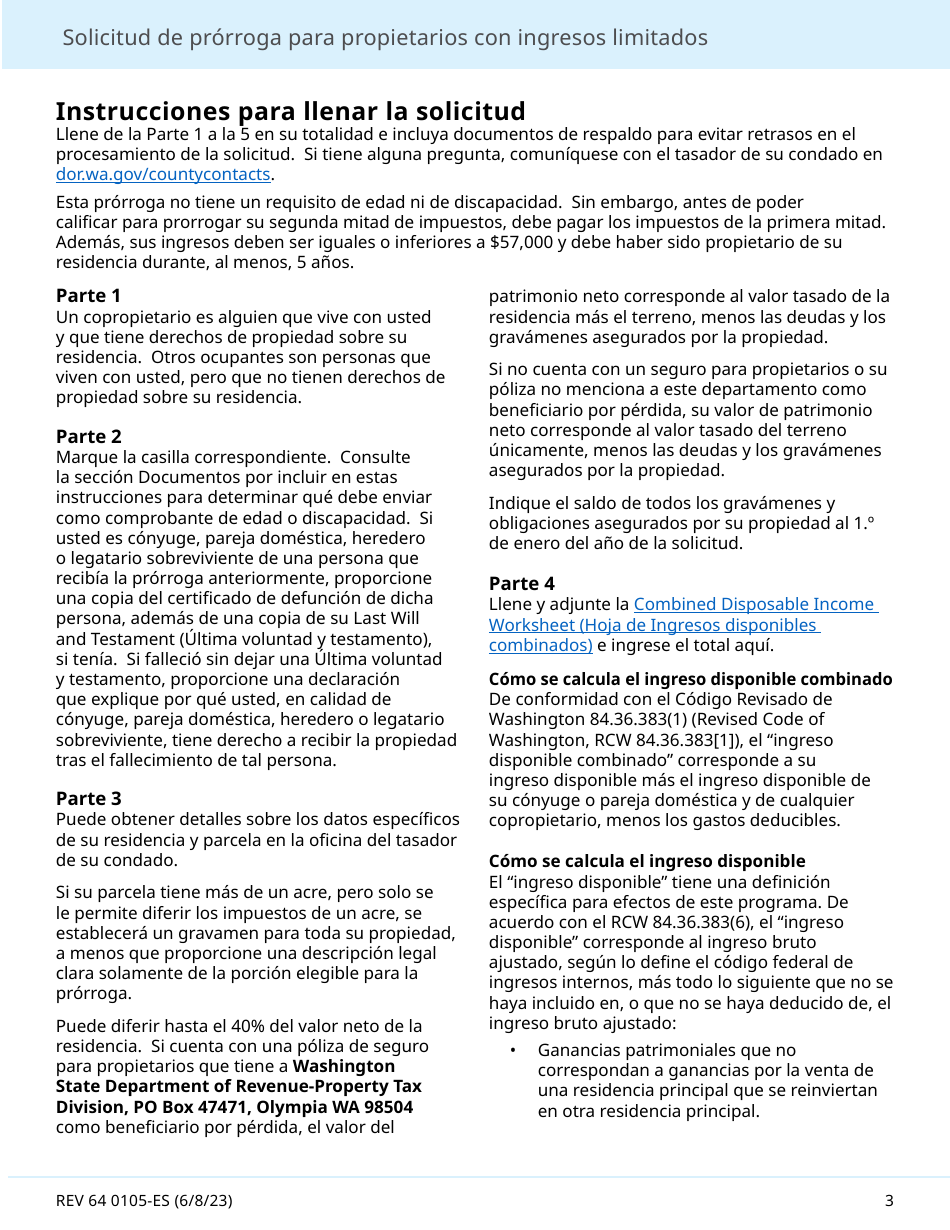 Formulario REV64 0105-ES Solicitud De Prorroga Para Propietarios Con Ingresos Limitados - Washington (Spanish), Page 3
