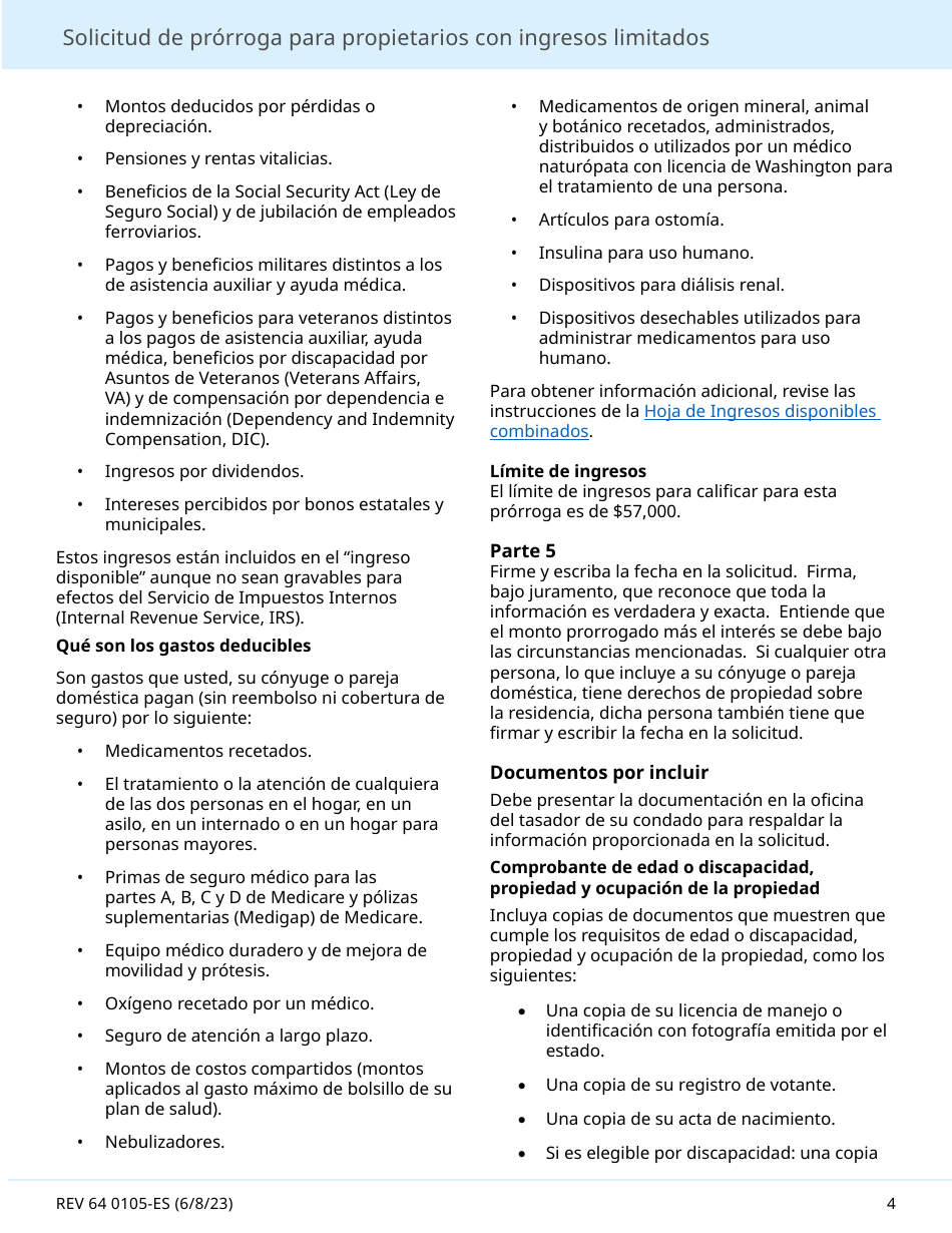 Formulario REV64 0105-ES Solicitud De Prorroga Para Propietarios Con Ingresos Limitados - Washington (Spanish), Page 4