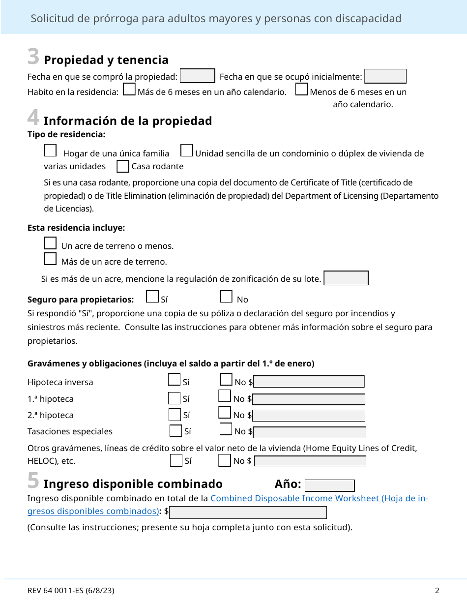 Formulario REV64 0011-ES Solicitud De Prorroga Para Adultos Mayores Y Personas Con Discapacidad - Washington (Spanish), Page 2