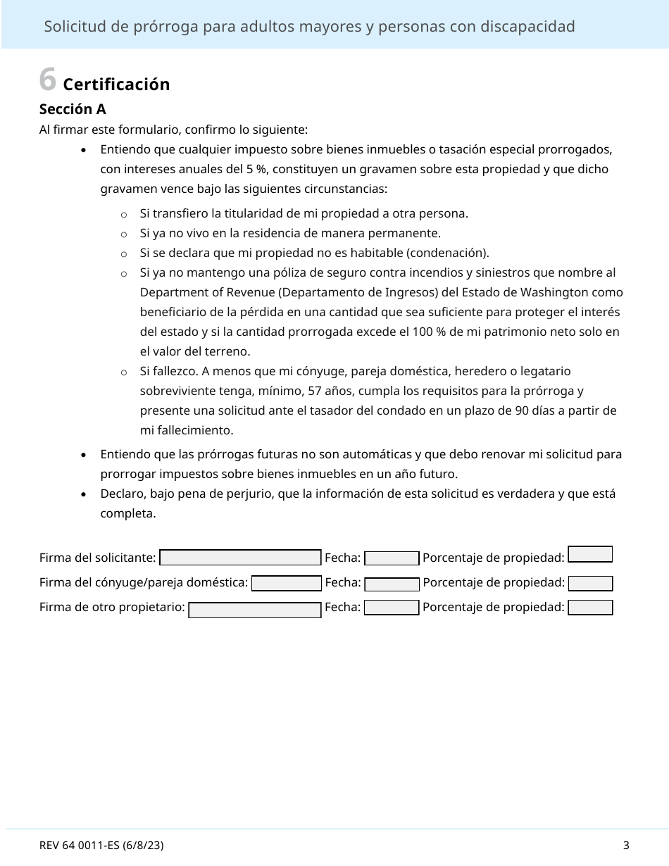 Formulario REV64 0011-ES Solicitud De Prorroga Para Adultos Mayores Y Personas Con Discapacidad - Washington (Spanish), Page 3