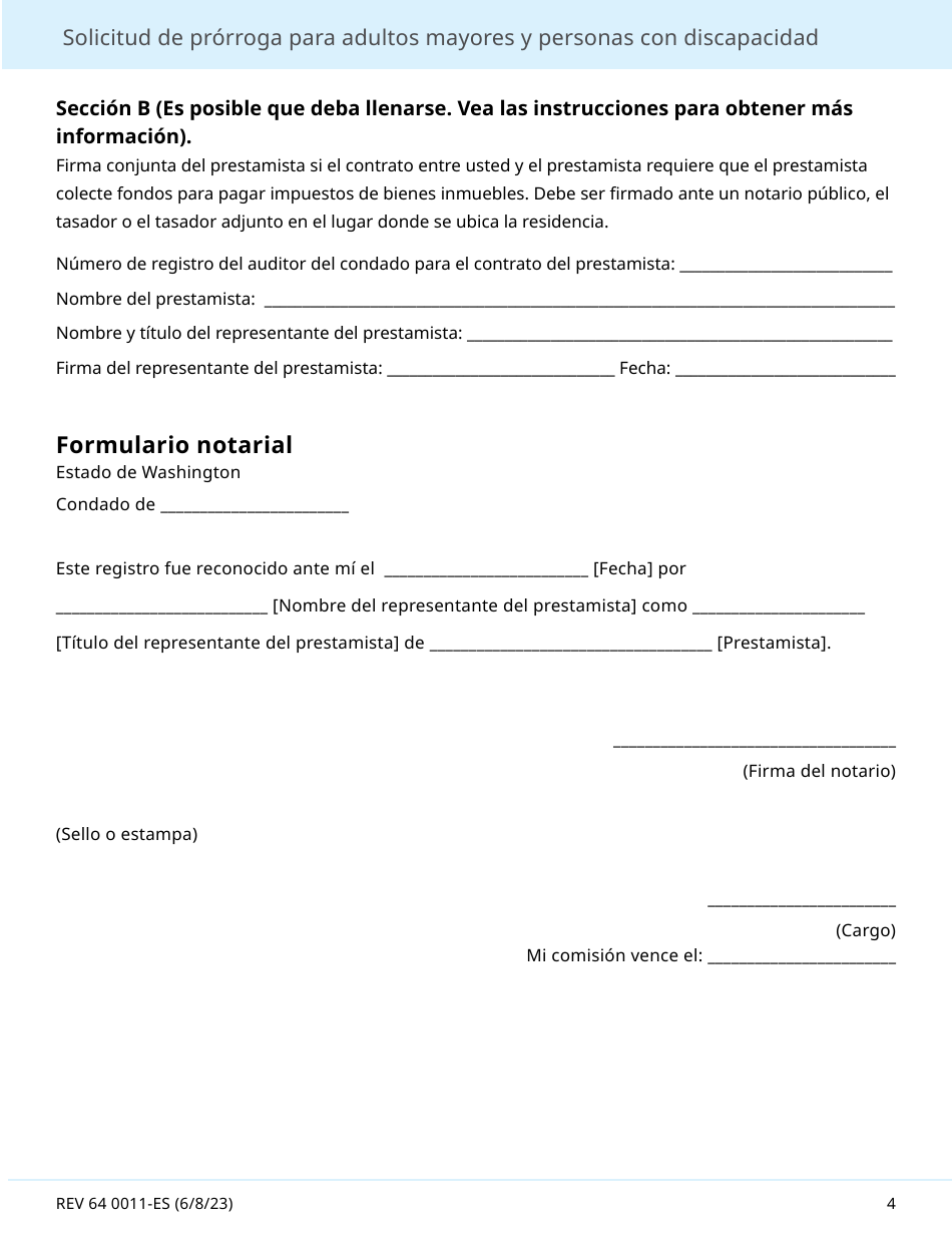 Formulario REV64 0011-ES Solicitud De Prorroga Para Adultos Mayores Y Personas Con Discapacidad - Washington (Spanish), Page 4