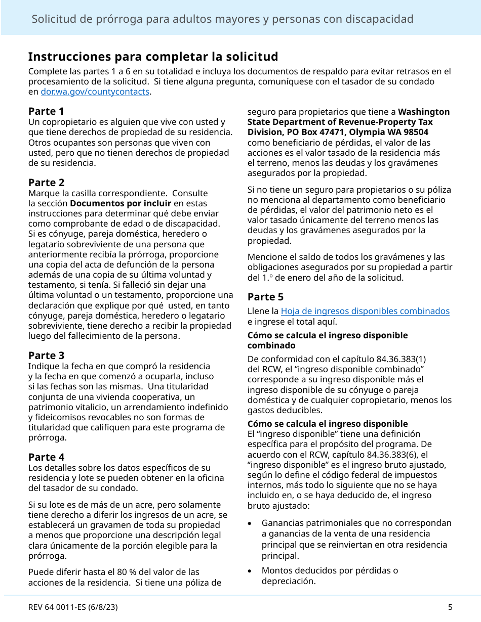 Formulario REV64 0011-ES Solicitud De Prorroga Para Adultos Mayores Y Personas Con Discapacidad - Washington (Spanish), Page 5