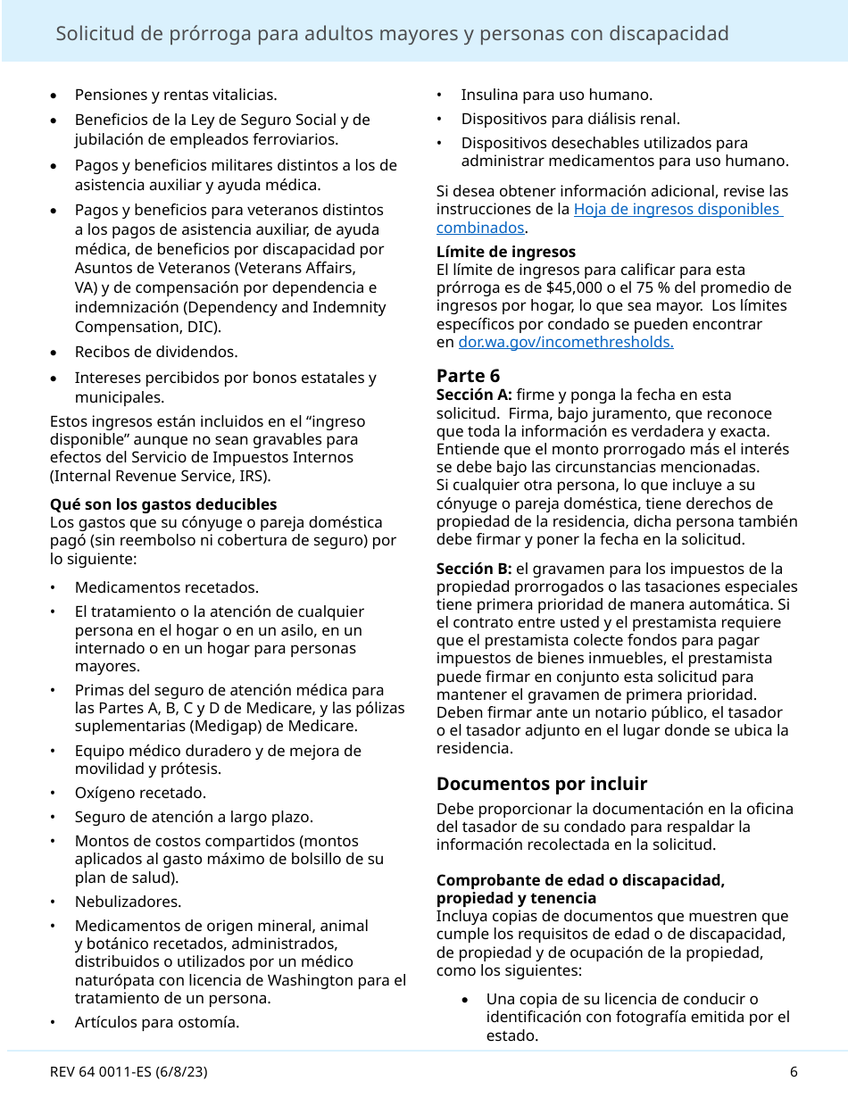 Formulario REV64 0011-ES Solicitud De Prorroga Para Adultos Mayores Y Personas Con Discapacidad - Washington (Spanish), Page 6