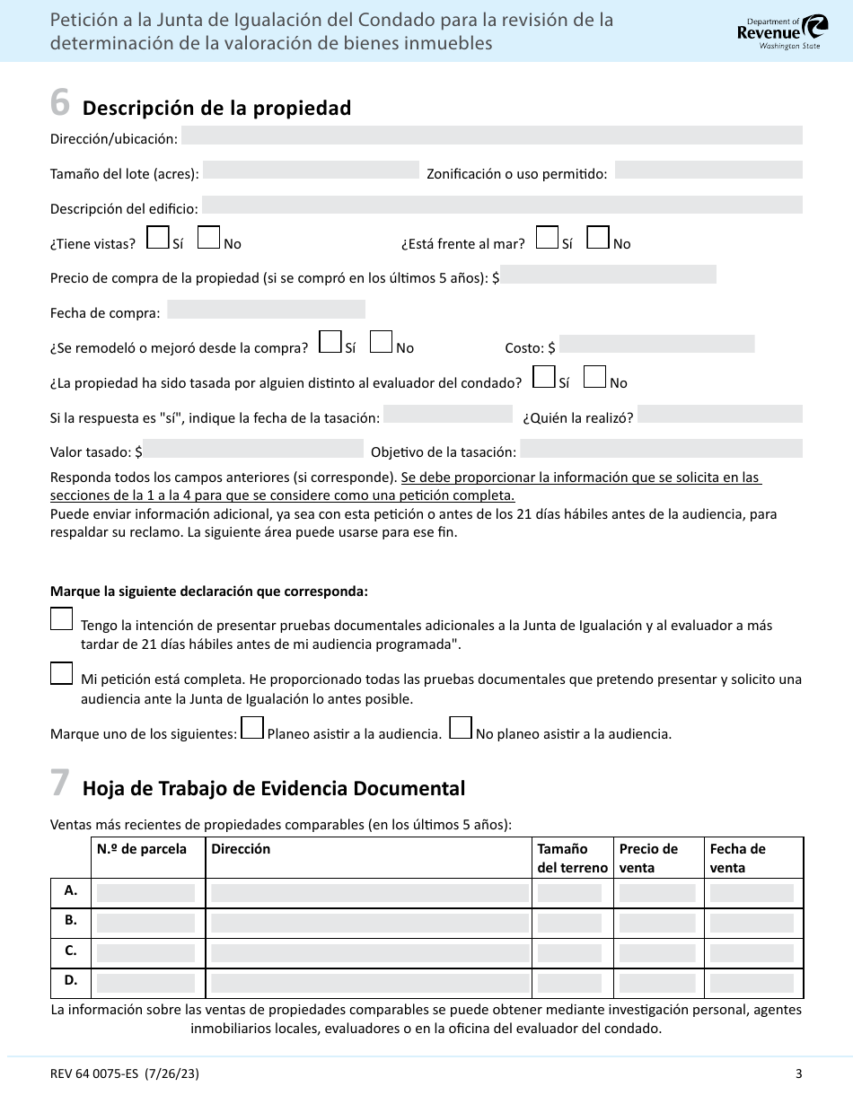 Formulario REV64 0075ES Peticion Del Contribuyente a La Junta De Igualacion Del Condado Para La Revision De La Determinacion De La Valoracion De Bienes Inmuebles (Para Llenar) - Washington (Spanish), Page 3