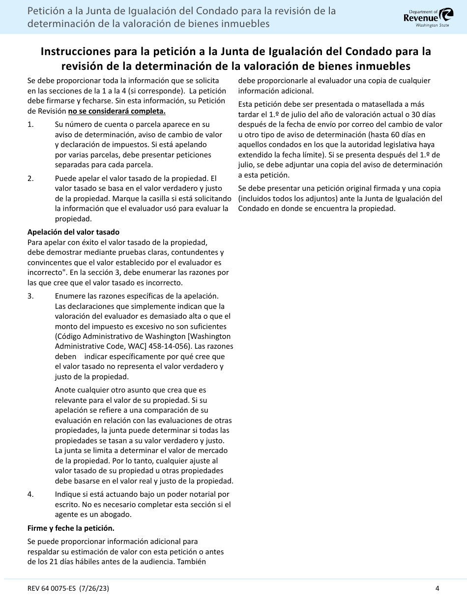 Formulario REV64 0075ES Peticion Del Contribuyente a La Junta De Igualacion Del Condado Para La Revision De La Determinacion De La Valoracion De Bienes Inmuebles (Para Llenar) - Washington (Spanish), Page 4