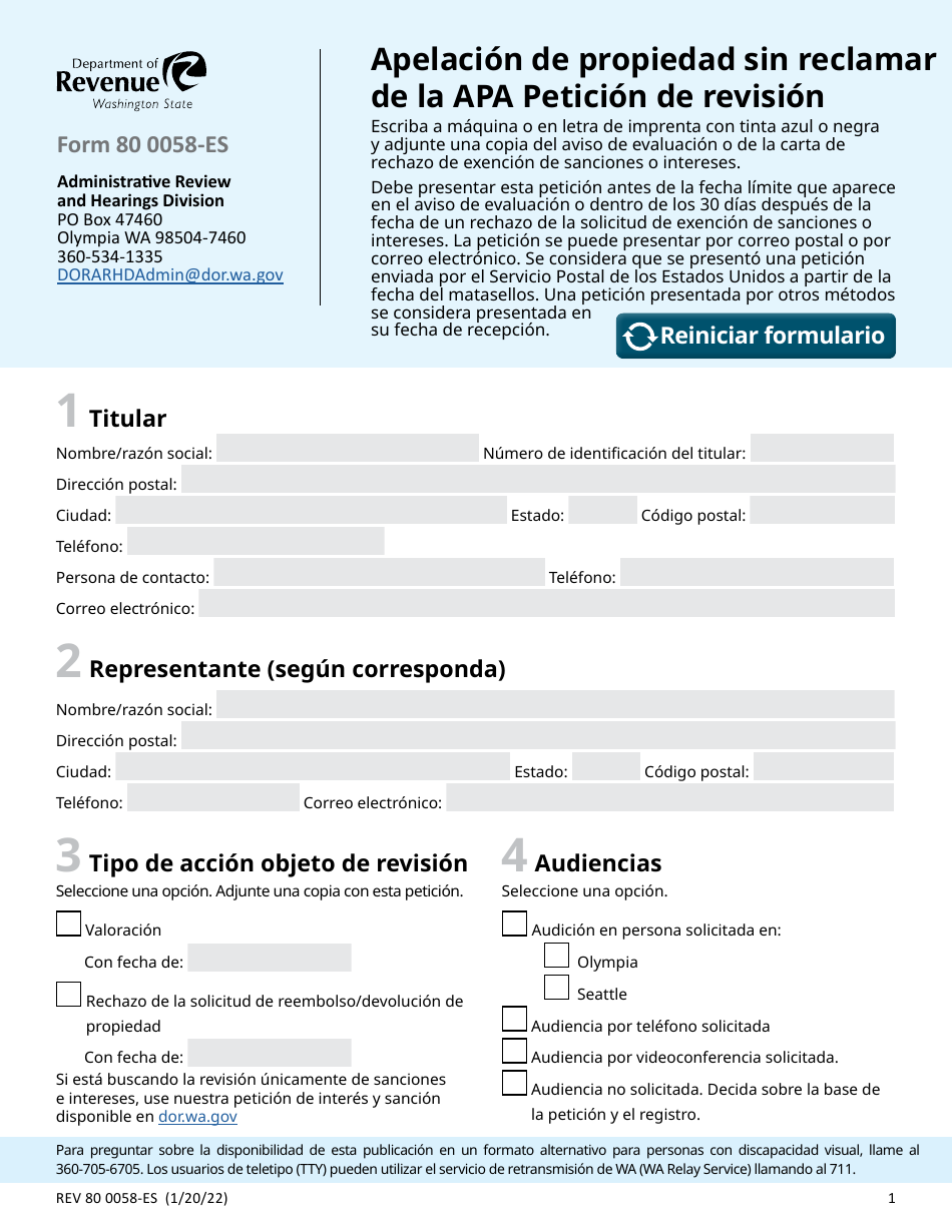 Formulario REV80 0058-ES Apelacion De Propiedad Sin Reclamar De La Apa Peticion De Revision - Washington (Spanish), Page 1
