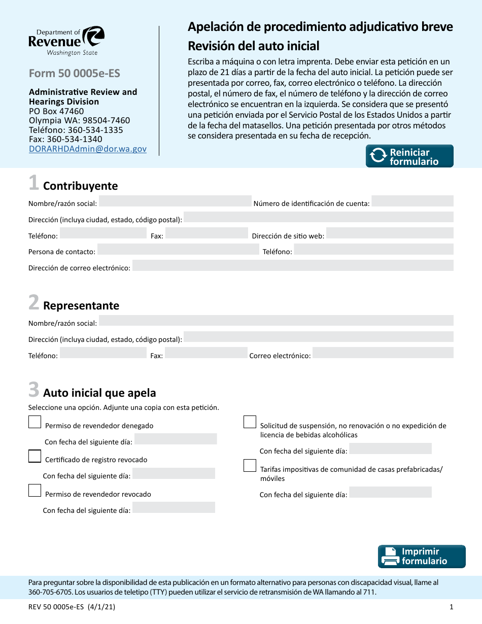 Formulario REV50 0005-ES Apelacion De Procedimiento Adjudicativo Breve Revision Del Auto Inicial - Washington (Spanish), Page 1
