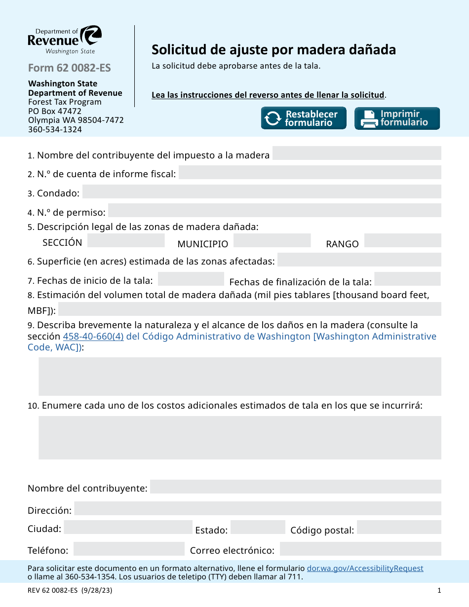 Formulario REV62 0082-ES Solicitud De Ajuste Por Madera Danada - Washington (Spanish), Page 1