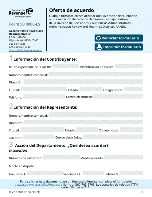 Formulario REV50 0006-ES Oferta De Acuerdo - Washington (Spanish)
