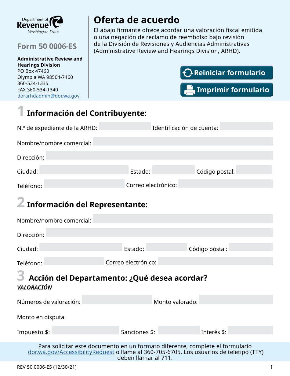 Formulario REV50 0006-ES Oferta De Acuerdo - Washington (Spanish), Page 1