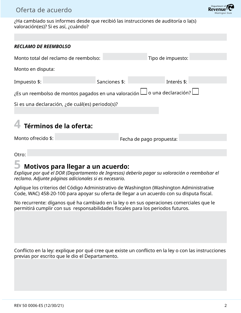 Formulario REV50 0006-ES Oferta De Acuerdo - Washington (Spanish), Page 2