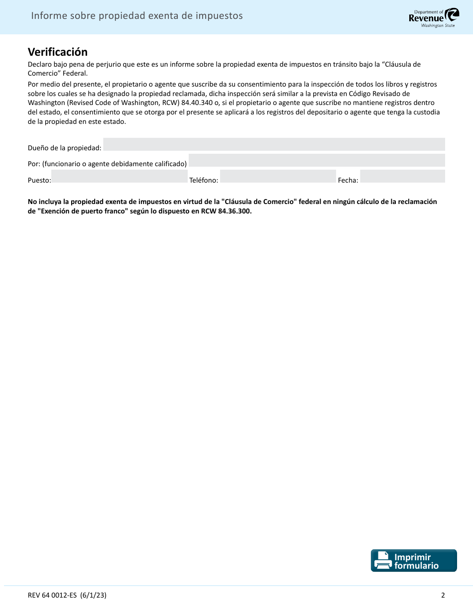 Formulario REV64 0012-ES Informe Sobre Propiedad Exenta De Impuestos (exencion a La Clausula De Comercio Federal) - Washington (Spanish), Page 2