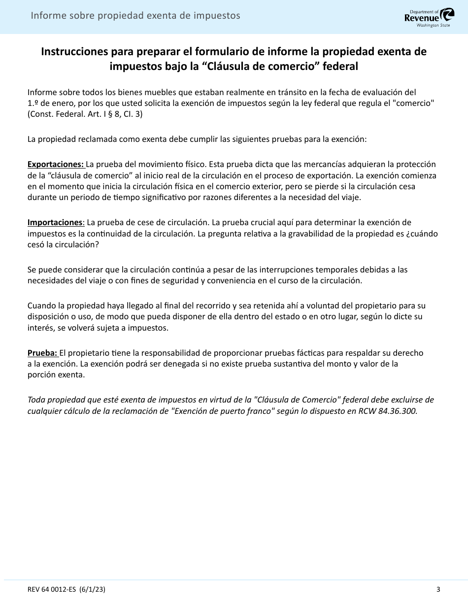 Formulario REV64 0012-ES Informe Sobre Propiedad Exenta De Impuestos (exencion a La Clausula De Comercio Federal) - Washington (Spanish), Page 3