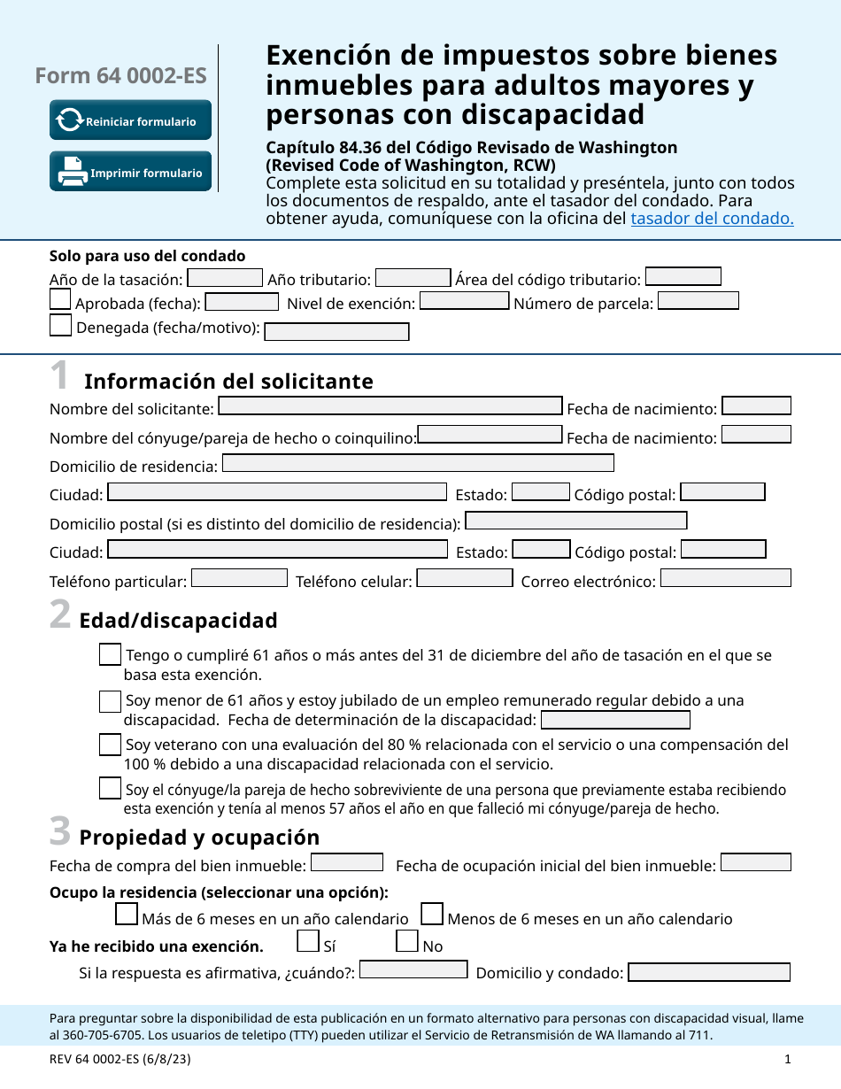 Formulario REV64 0002-ES Exencion De Impuestos Sobre Bienes Inmuebles Para Adultos Mayores Y Personas Con Discapacidad - Washington (Spanish), Page 1