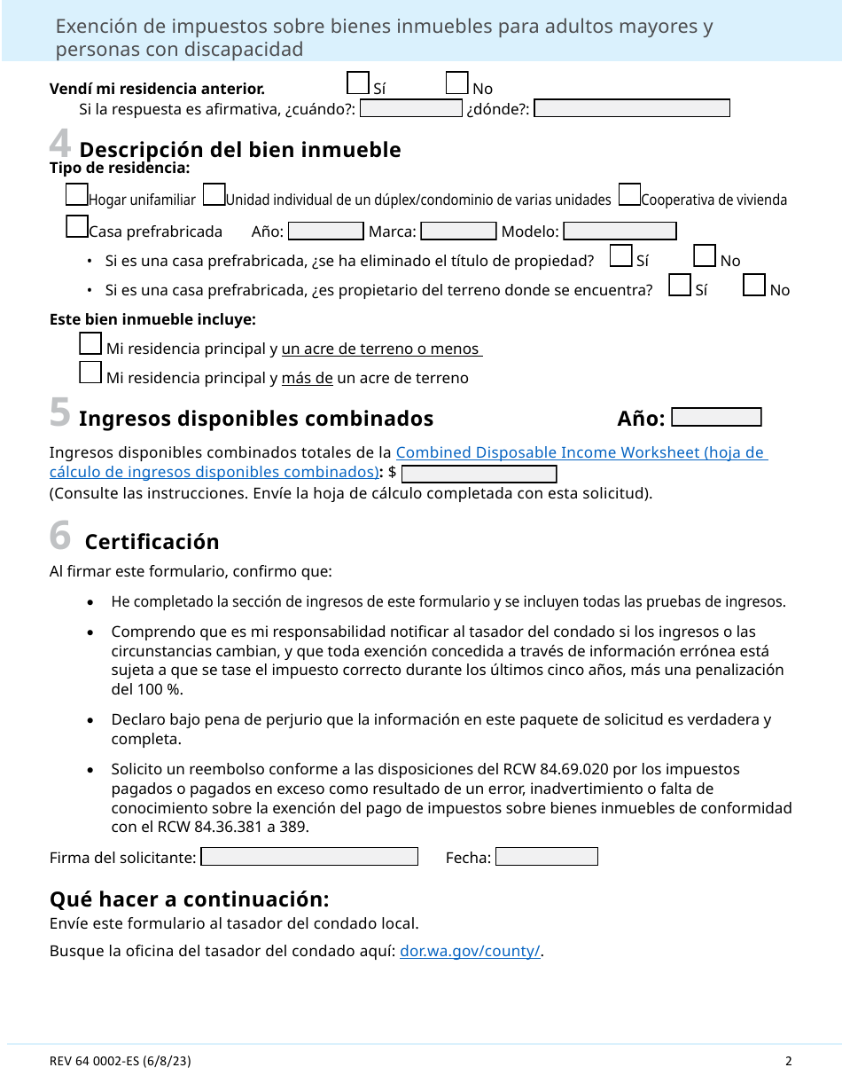 Formulario REV64 0002-ES Exencion De Impuestos Sobre Bienes Inmuebles Para Adultos Mayores Y Personas Con Discapacidad - Washington (Spanish), Page 2