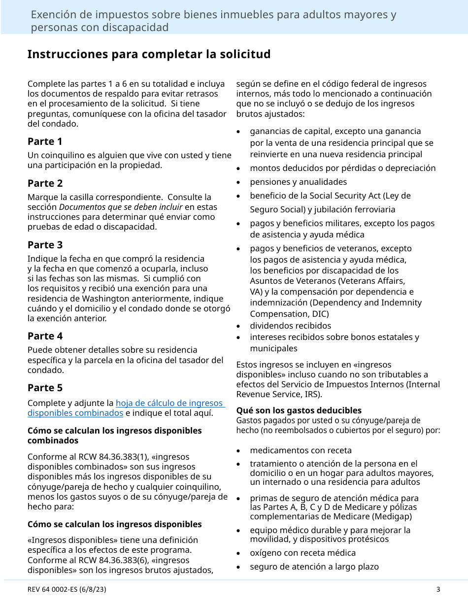 Formulario REV64 0002-ES Exencion De Impuestos Sobre Bienes Inmuebles Para Adultos Mayores Y Personas Con Discapacidad - Washington (Spanish), Page 3