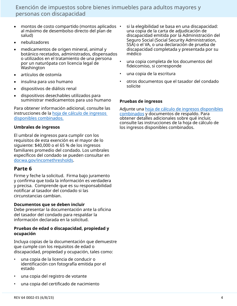 Formulario REV64 0002-ES Exencion De Impuestos Sobre Bienes Inmuebles Para Adultos Mayores Y Personas Con Discapacidad - Washington (Spanish), Page 4