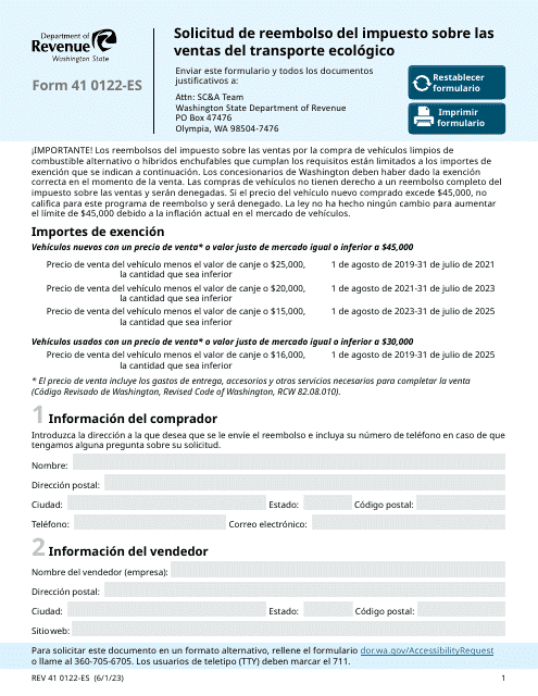 Formulario REV41 0122-ES Solicitud De Reembolso Del Impuesto Sobre Las Ventas Del Transporte Ecologico - Washington (Spanish)