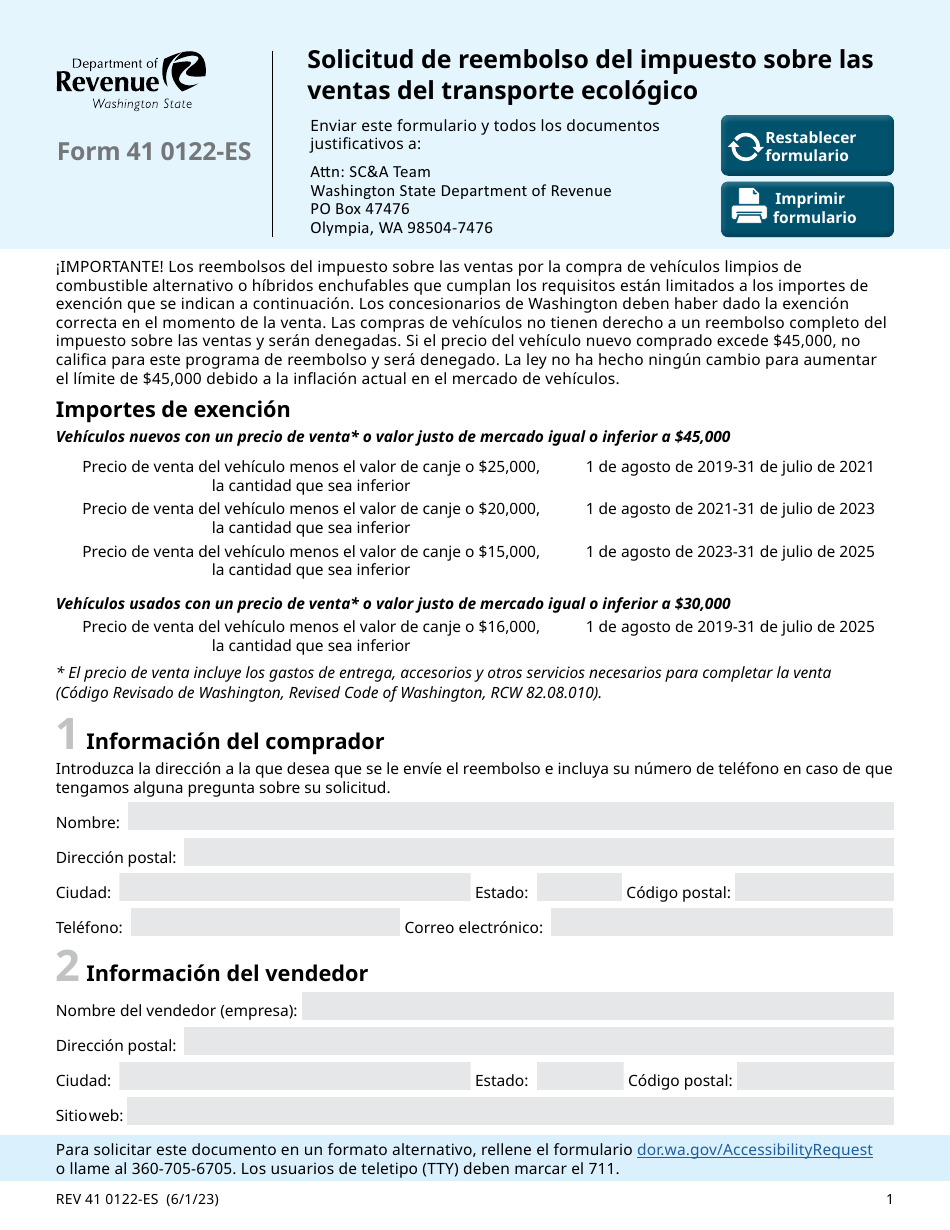 Formulario REV41 0122-ES Solicitud De Reembolso Del Impuesto Sobre Las Ventas Del Transporte Ecologico - Washington (Spanish), Page 1