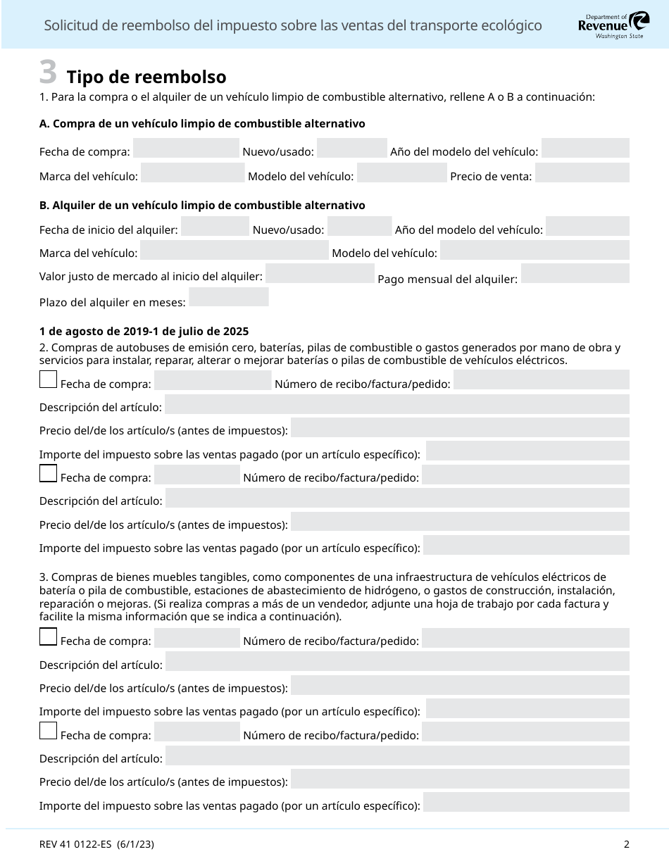 Formulario REV41 0122-ES Solicitud De Reembolso Del Impuesto Sobre Las Ventas Del Transporte Ecologico - Washington (Spanish), Page 2