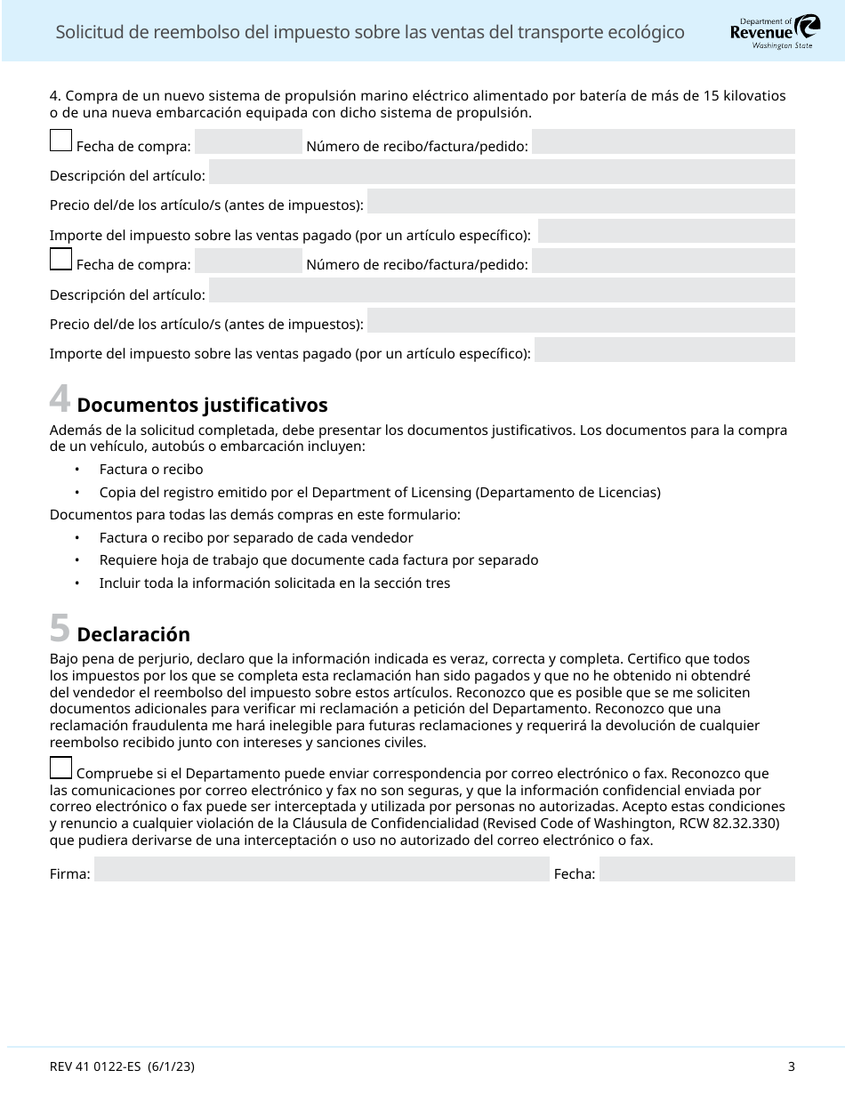 Formulario REV41 0122-ES Solicitud De Reembolso Del Impuesto Sobre Las Ventas Del Transporte Ecologico - Washington (Spanish), Page 3