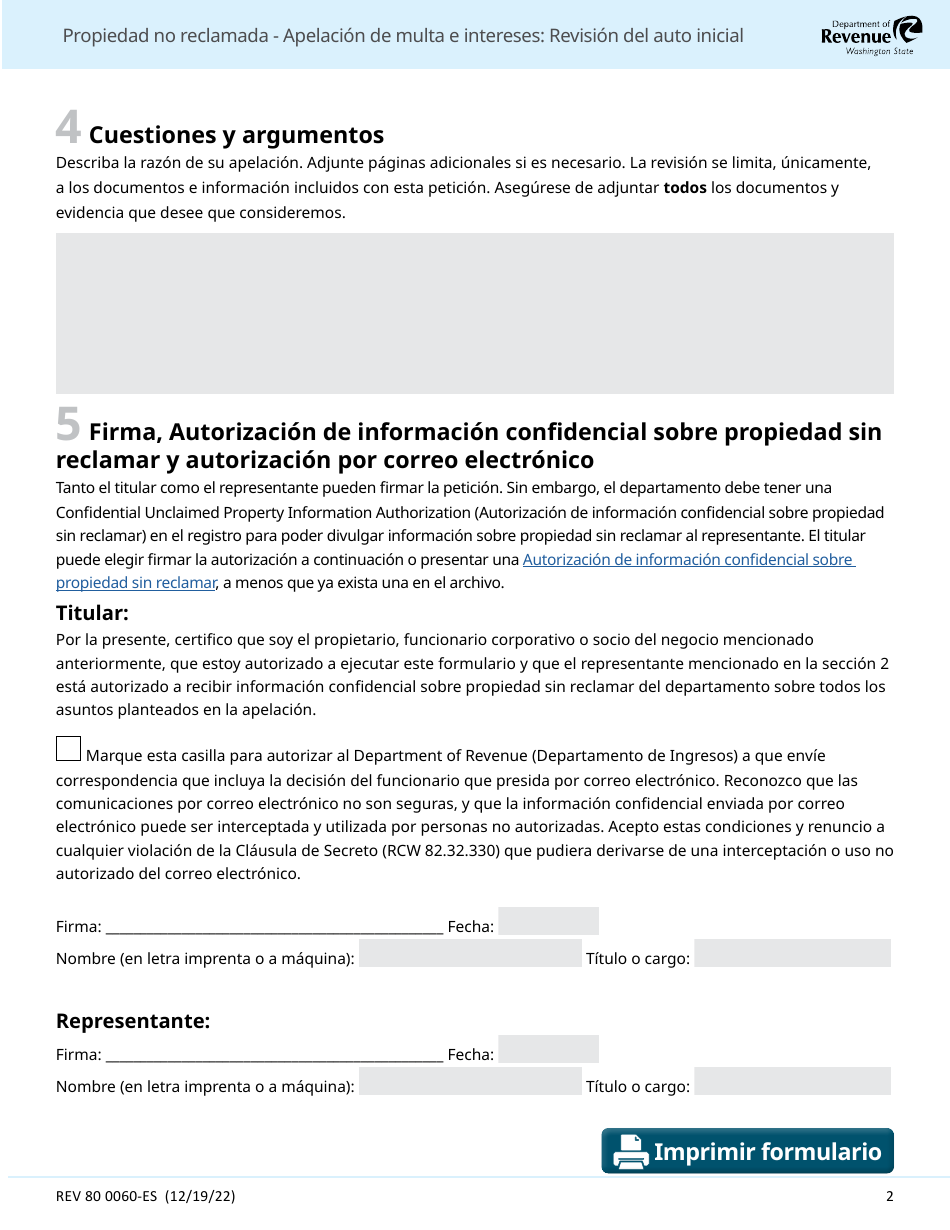 Formulario REV80 0060-ES Propiedad No Reclamada - Apelacion De Multa E Intereses: Revision Del Auto Inicial - Washington (Spanish), Page 2