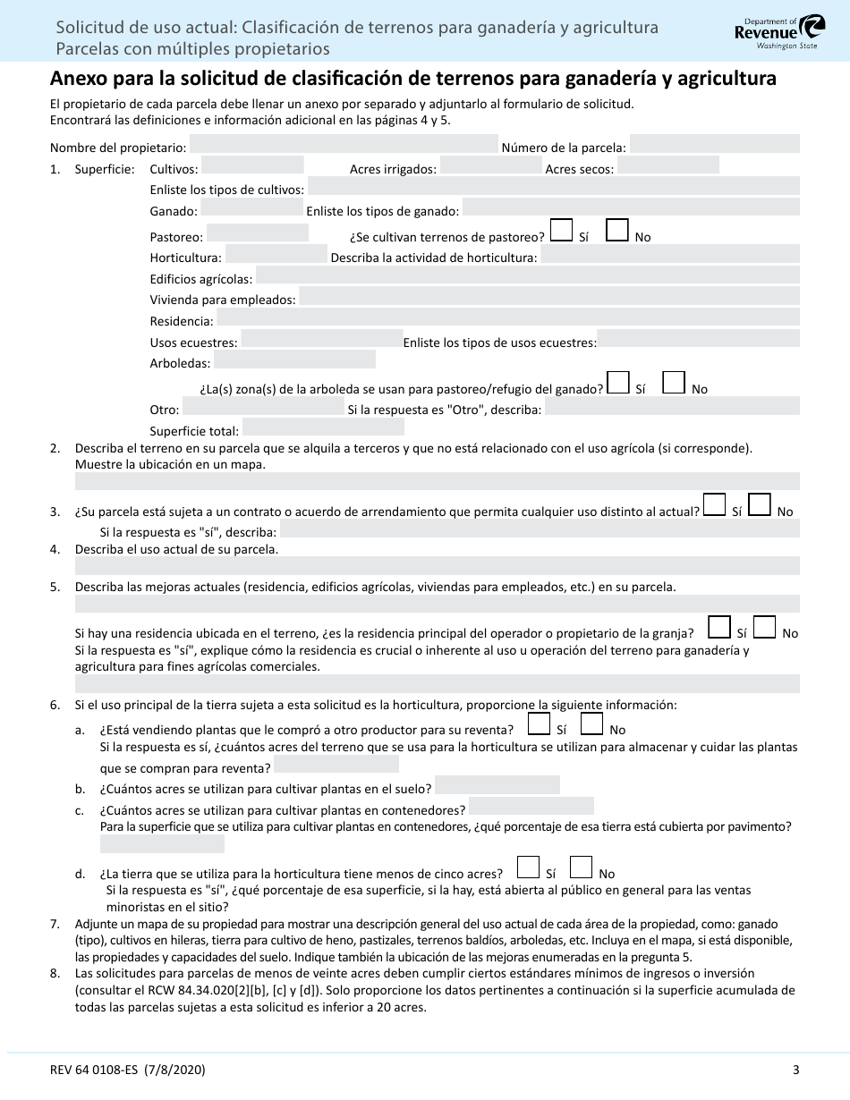 Formulario REV64 0108-ES Solicitud De Uso Actual - Clasificacion De Terrenos Para Ganaderia Y Agricultura Parcelas Con Multiples Propietarios - Washington (Spanish), Page 3