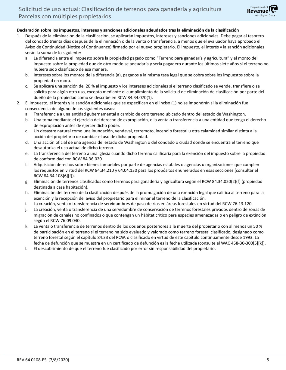 Formulario REV64 0108-ES Solicitud De Uso Actual - Clasificacion De Terrenos Para Ganaderia Y Agricultura Parcelas Con Multiples Propietarios - Washington (Spanish), Page 5