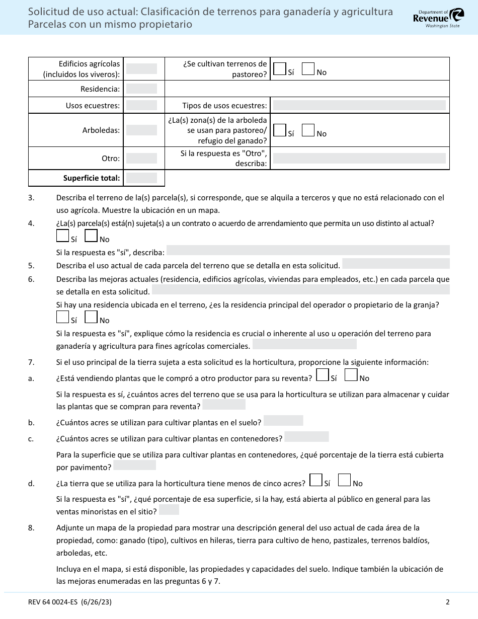Formulario REV64 0024-ES Solicitud De Uso Actual Clasificacion De Terrenos Para Ganaderia Y Agricultura Parcelas Con Un Mismo Propietario - Washington (Spanish), Page 2