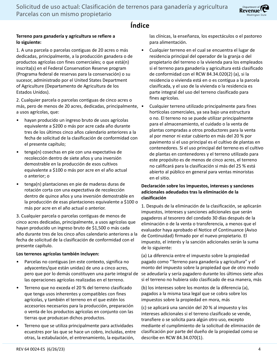 Formulario REV64 0024-ES Solicitud De Uso Actual Clasificacion De Terrenos Para Ganaderia Y Agricultura Parcelas Con Un Mismo Propietario - Washington (Spanish), Page 4