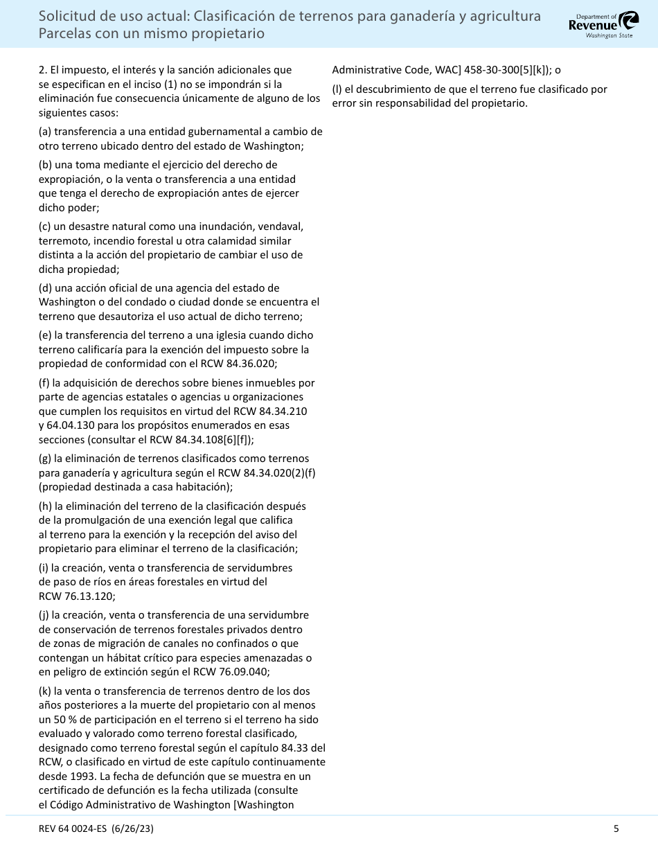 Formulario REV64 0024-ES Solicitud De Uso Actual Clasificacion De Terrenos Para Ganaderia Y Agricultura Parcelas Con Un Mismo Propietario - Washington (Spanish), Page 5