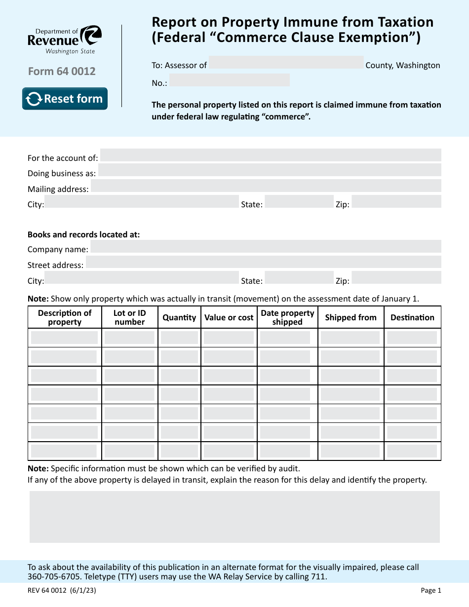 Form REV64 0012 Report on Property Immune From Taxation (Federal commerce Clause Exemption) - Washington, Page 1