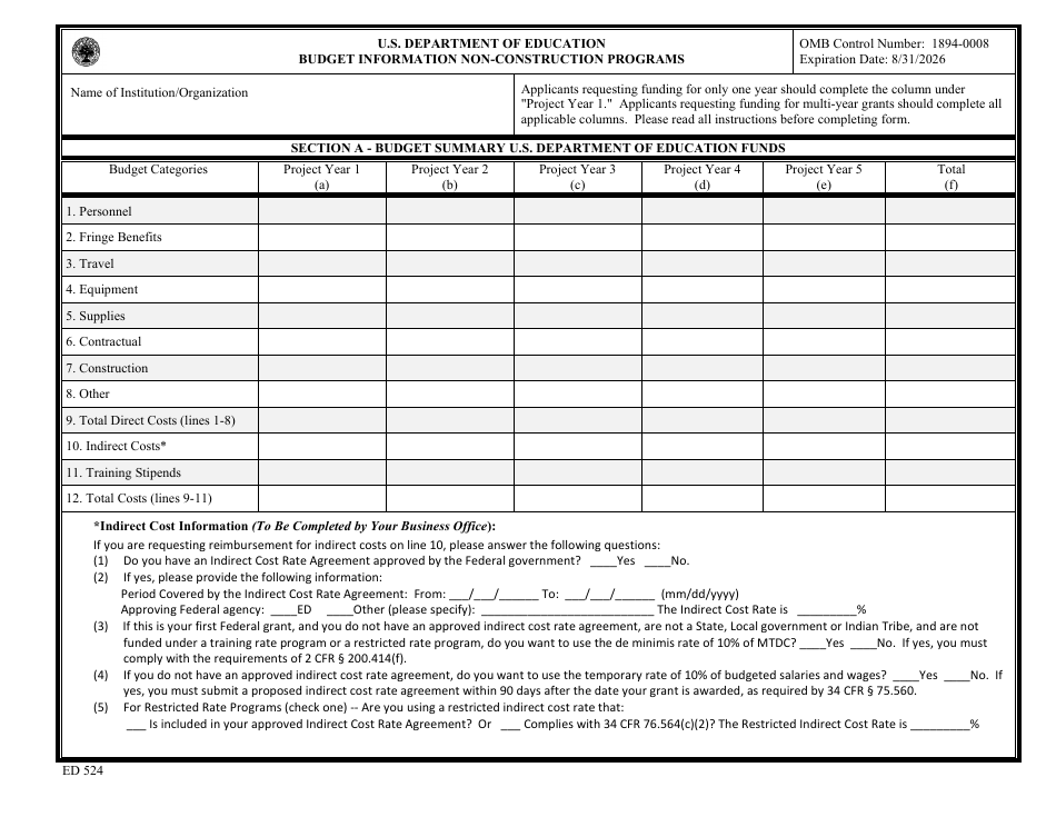 Form ED524 Budget Information Non-construction Programs, Page 1