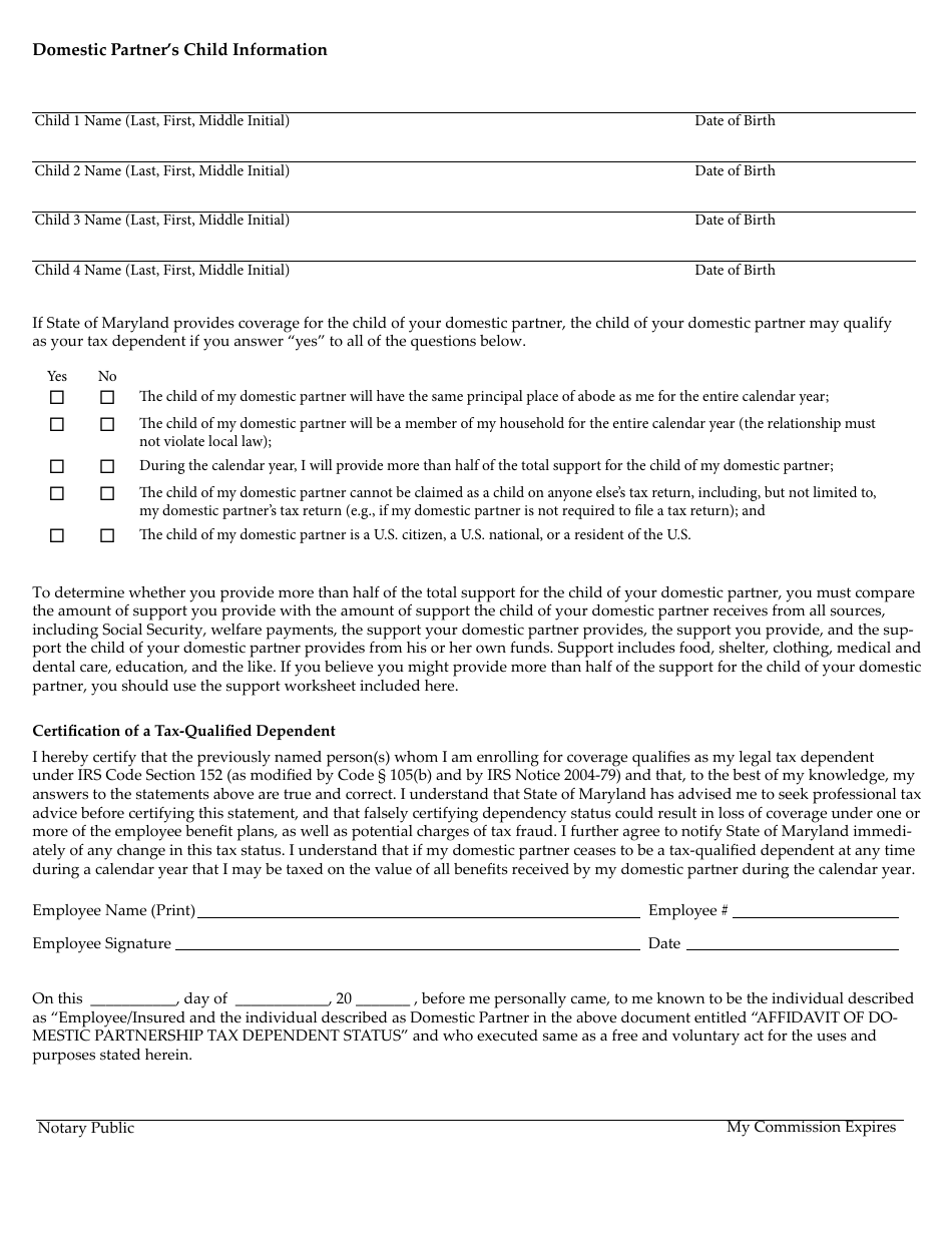 Maryland Affidavit of Domestic Partner's Federal Tax Dependent Status ...