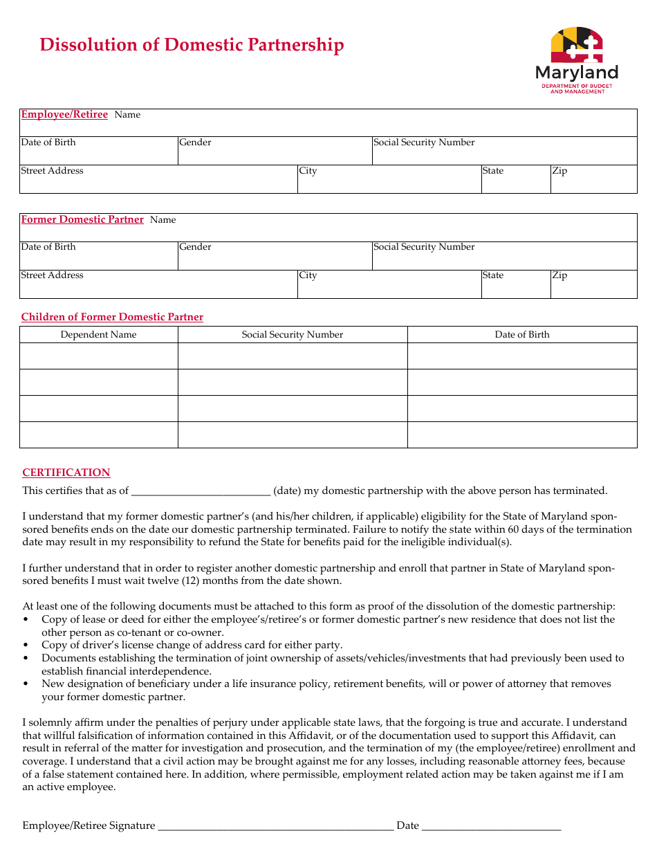 Maryland Dissolution of Domestic Partnership - Fill Out, Sign Online ...