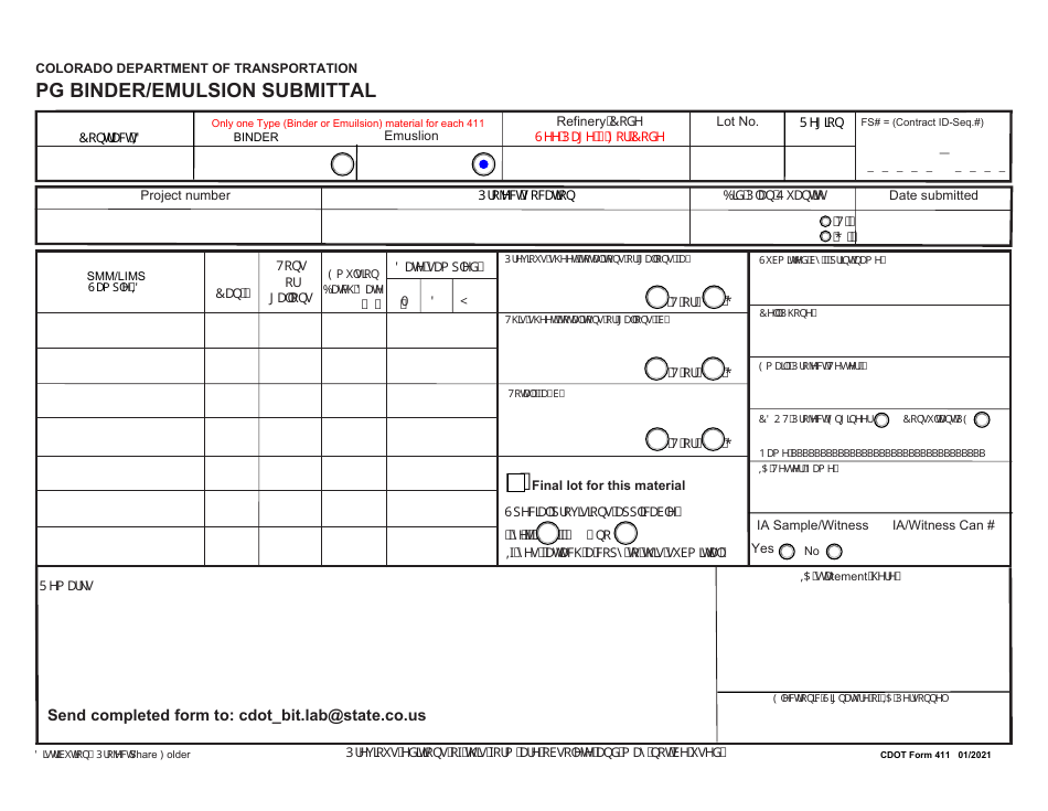 CDOT Form 411 Pg Binder / Emulsion Submittal - Colorado, Page 1