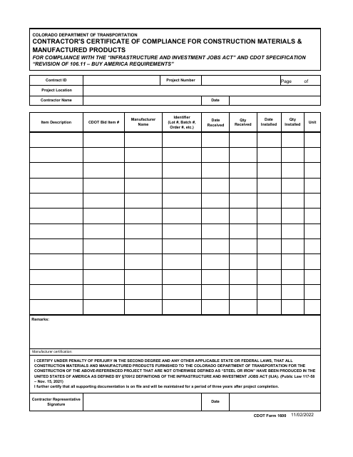 CDOT Form 1600  Printable Pdf