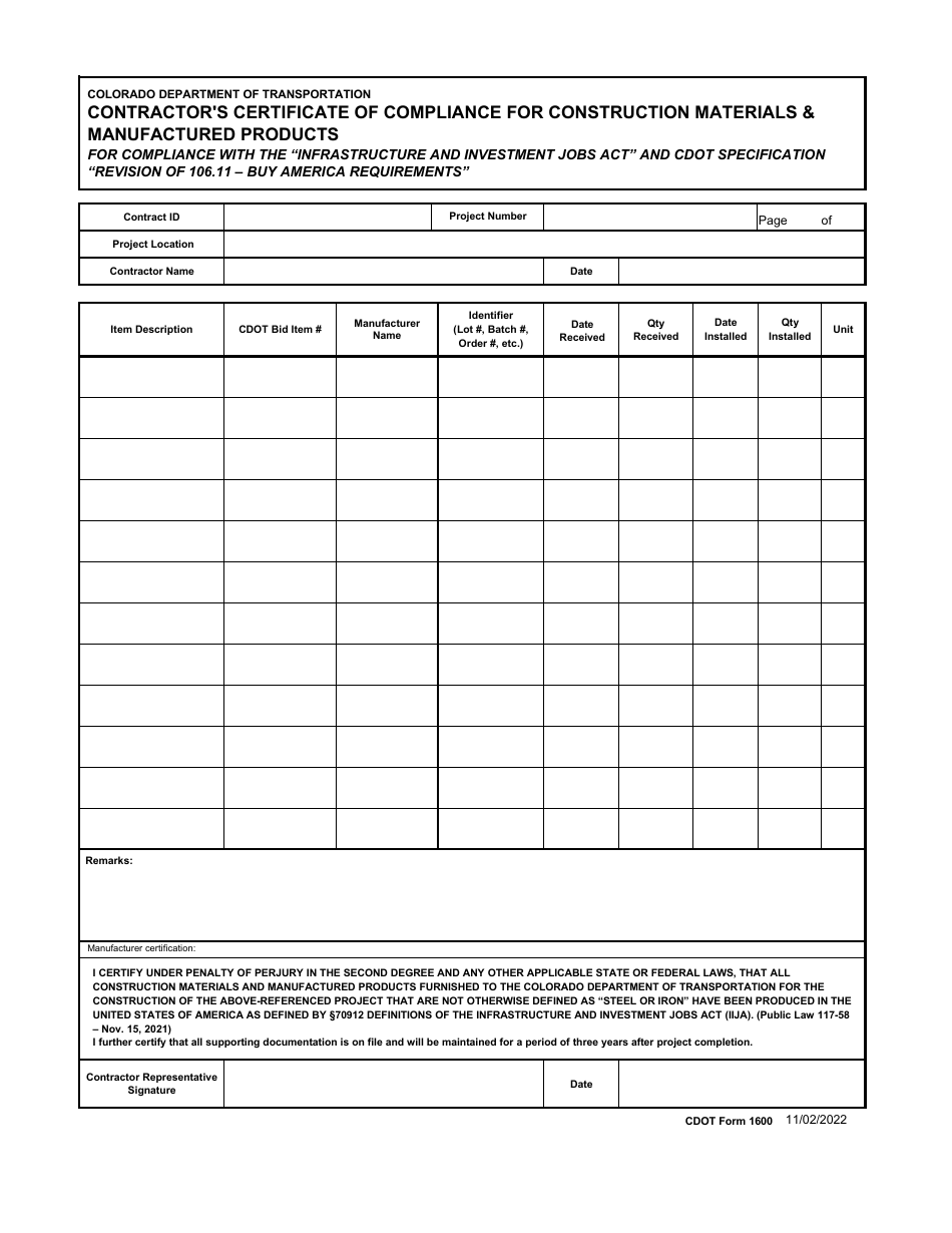 CDOT Form 1600 Contractors Certificate of Compliance for Construction Materials  Manufactured Products for Compliance With the infrastructure and Investment Jobs Act and CDOT Specification revision of 106.11 - Buy America Requirements - Colorado, Page 1