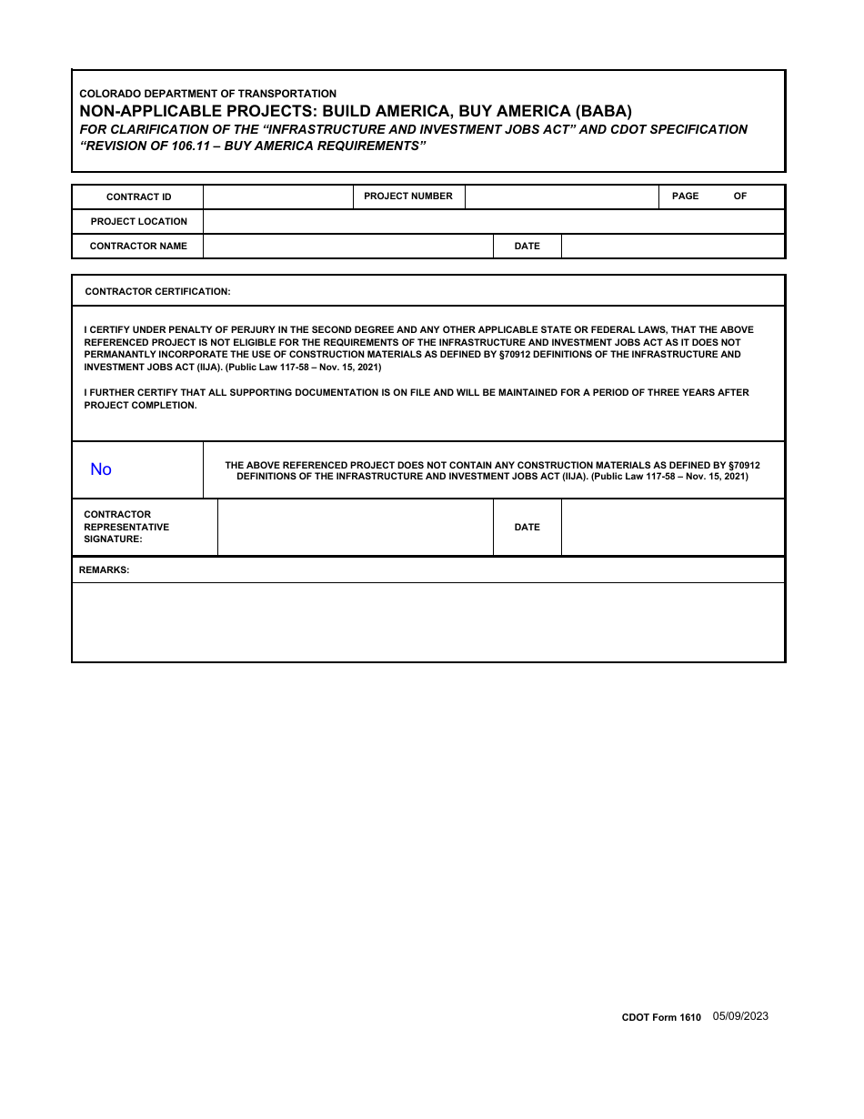 CDOT Form 1610 Non-applicable Projects: Build America, Buy America (Baba) for Clarification of the infrastructure and Investment Jobs Act and CDOT Specification revision of 106.11 - Buy America Requirements - Colorado, Page 1