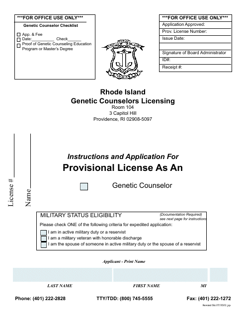 Application for a License as a Provisional Genetic Counselor - Rhode Island Download Pdf