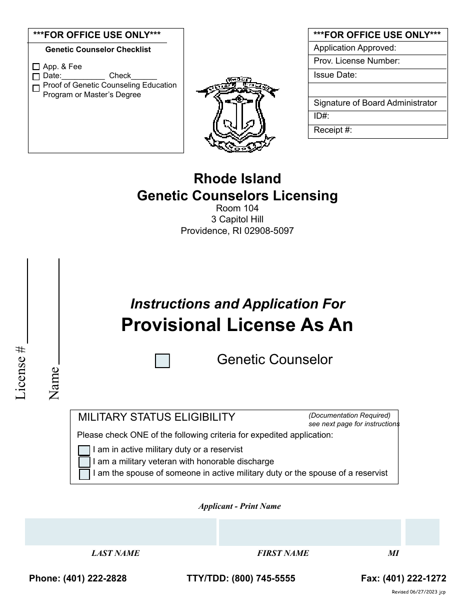 Application for a License as a Provisional Genetic Counselor - Rhode Island, Page 1