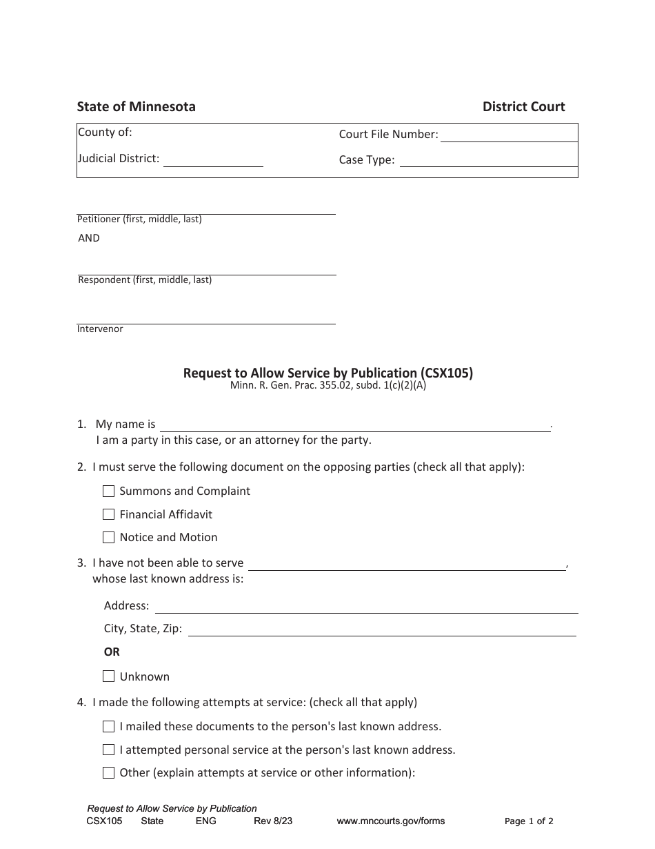 Form CSX105 Request to Allow Service by Publication - Minnesota, Page 1