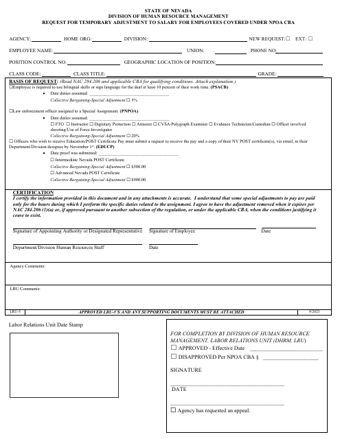Form LRU-5 Request for Temporary Adjustment to Salary for Employees Covered Under Npoa Cba - Nevada