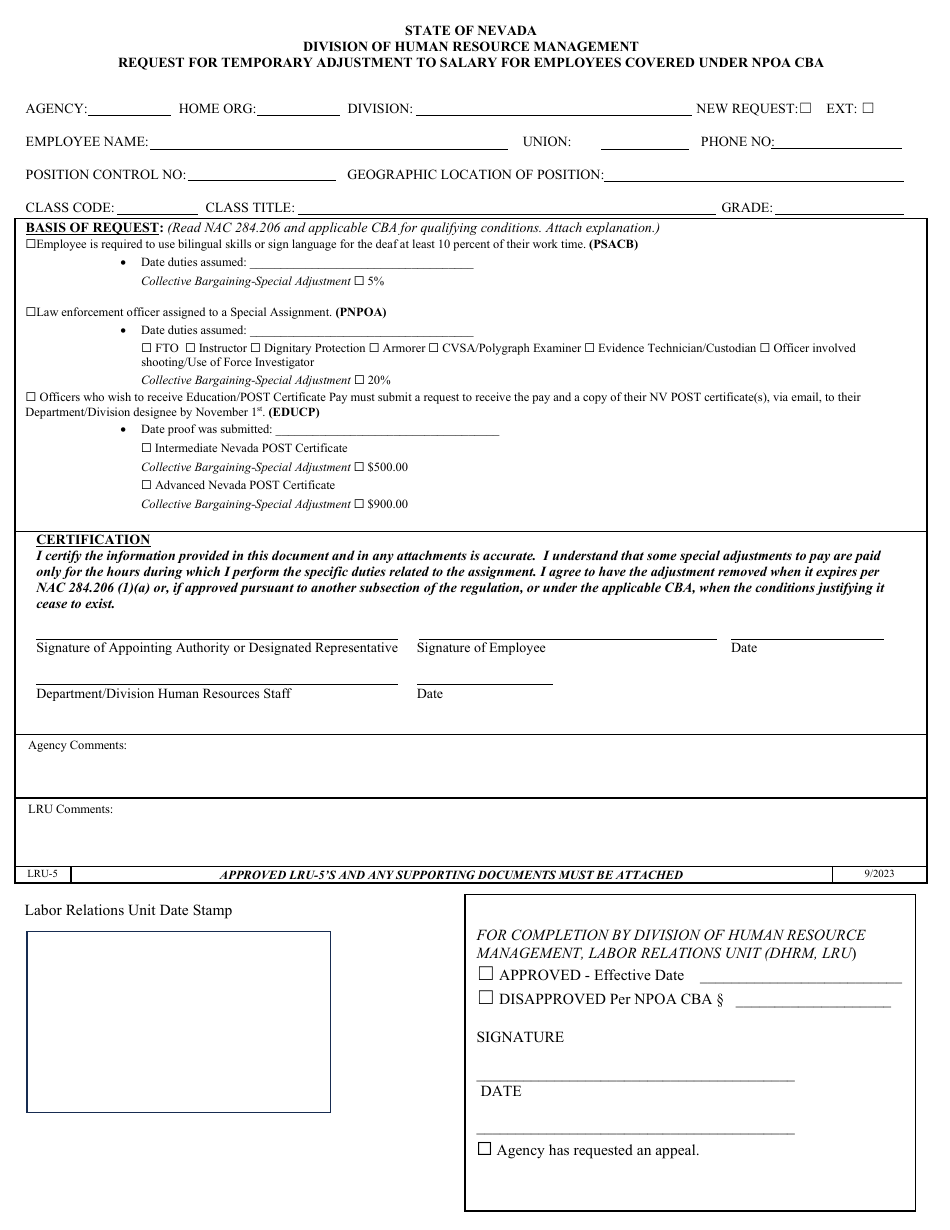 Form LRU-5 Request for Temporary Adjustment to Salary for Employees Covered Under Npoa Cba - Nevada, Page 1