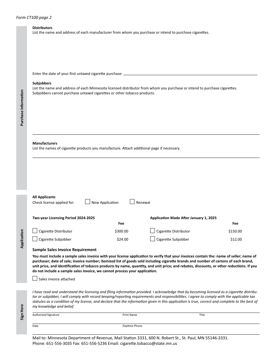 Form CT100 License Application for Cigarette Distributors and Subjobbers - Minnesota, Page 7