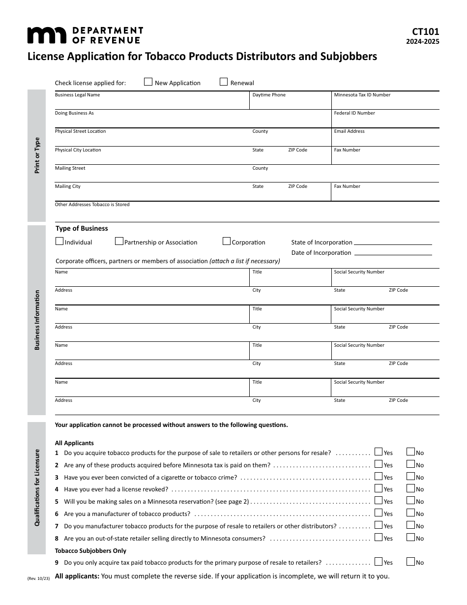 Form CT101 License Application for Tobacco Products Distributors and Subjobbers - Minnesota, Page 6