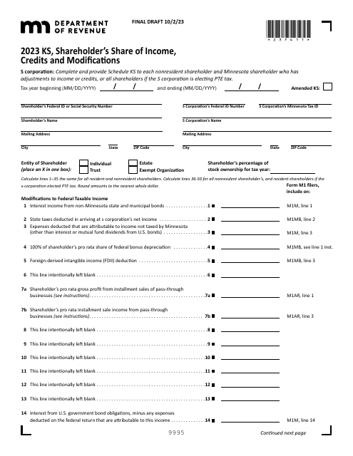 Form KS Shareholder's Share of Income, Credits and Modifications - Draft - Minnesota, 2023