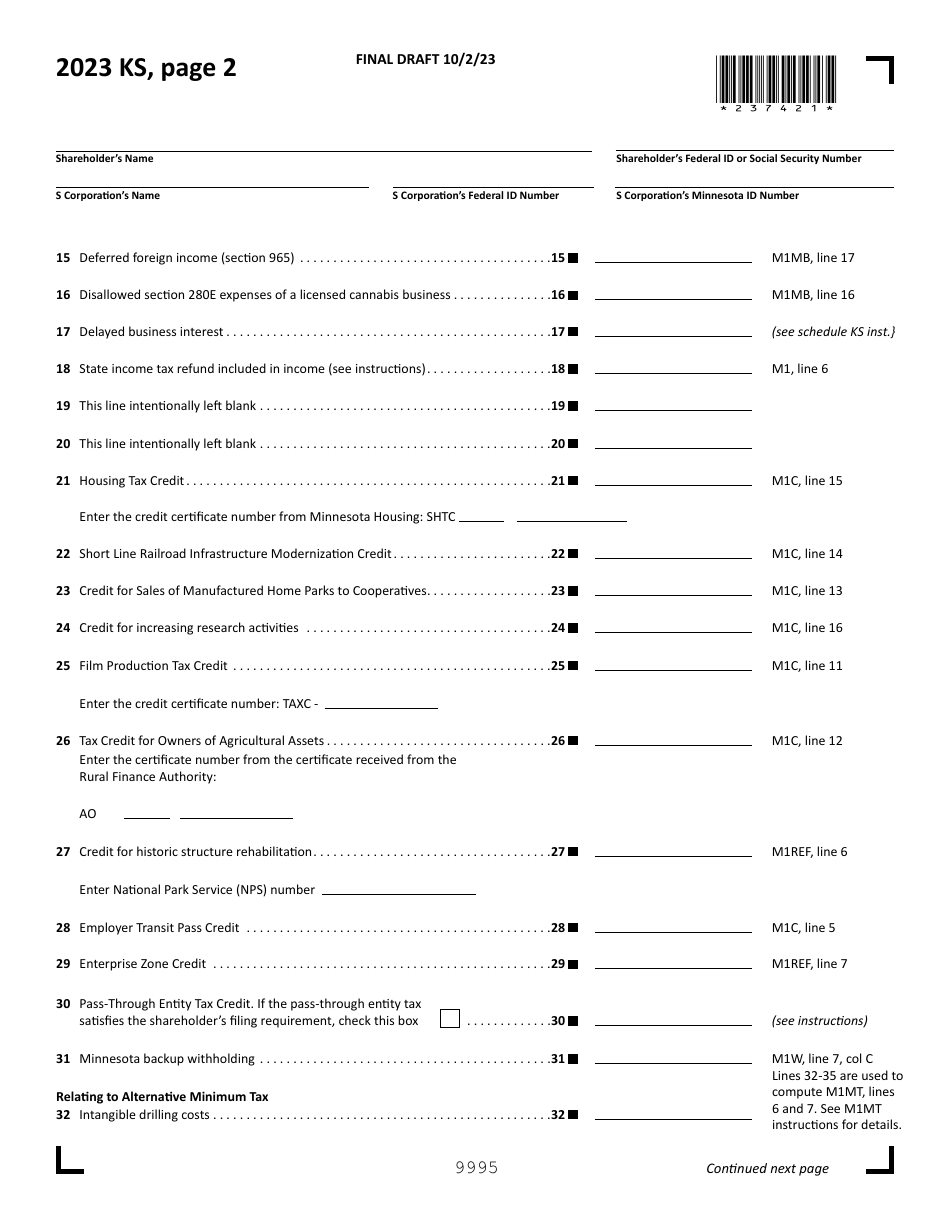 Form KS Shareholders Share of Income, Credits and Modifications - Draft - Minnesota, Page 2
